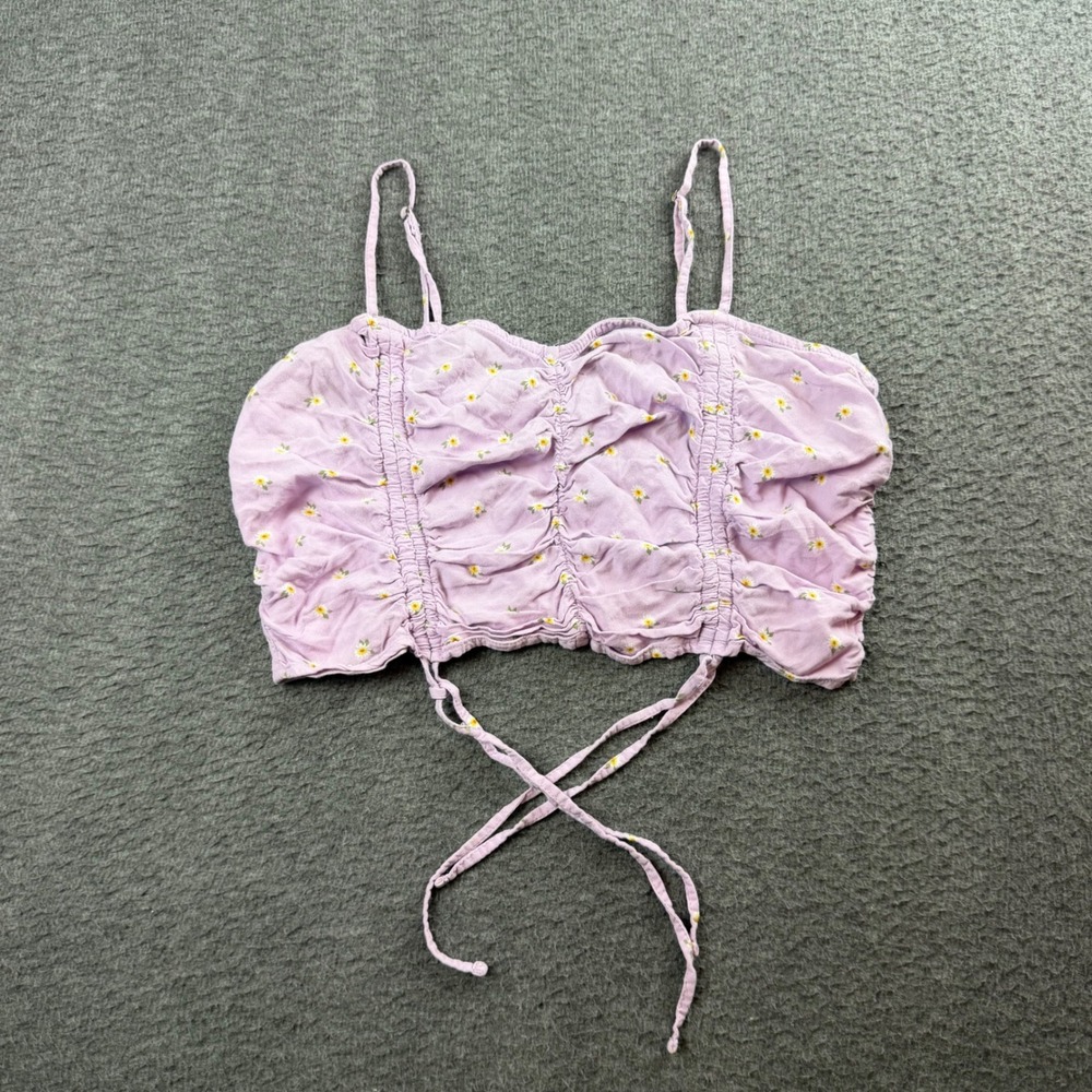 Hollister Cami Crop Top Women's Large Purple Floral Ruched Smocked Tie Detail